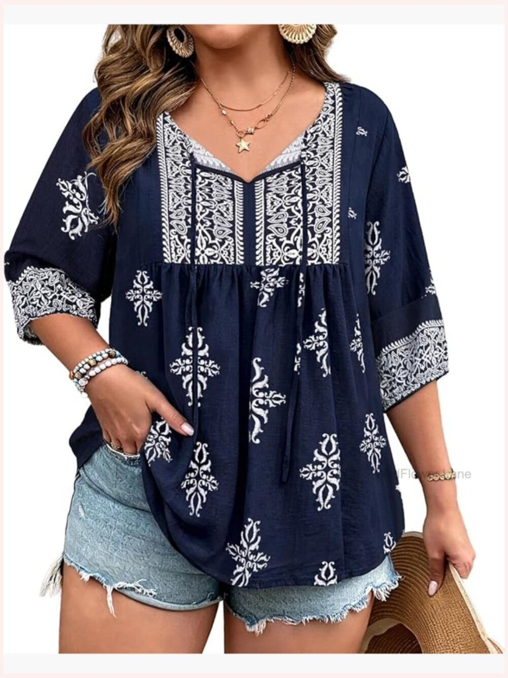 Plus Size Boho Tunic Tie Front 3/4 Sleeve Blouse Loose Fit Top